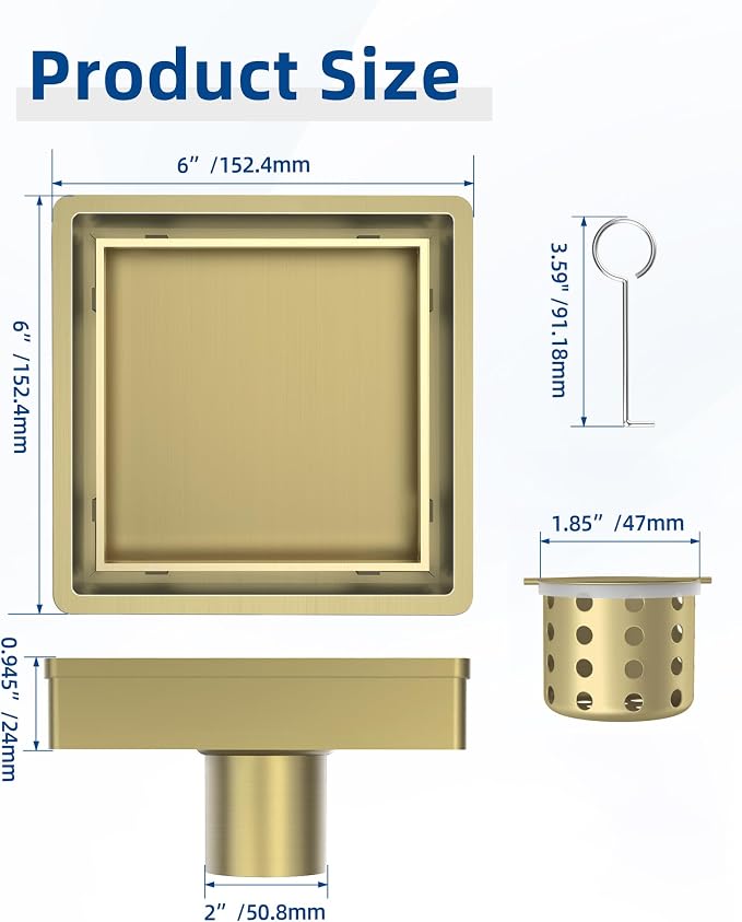 6 Inch Titanium Gold Shower Drain, 2-in-1 Tiled Shower Drain - 304 Stainless Steel Square Shower Floor Drain for Bathroom, Brushed Gold Drain Shower with Tile Insert Grate Removable,Hair Strainer
