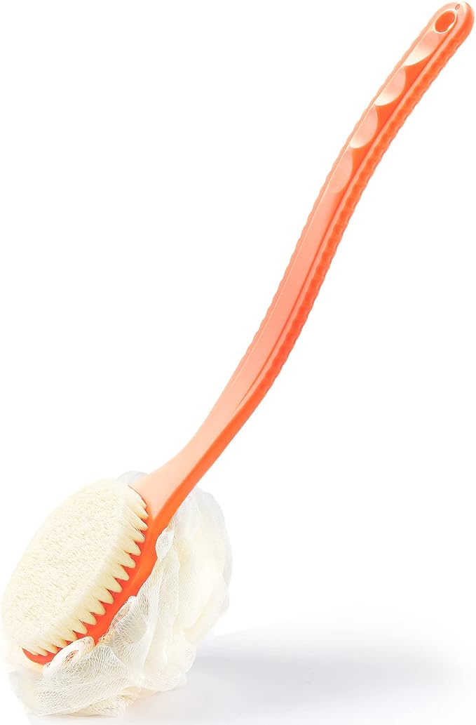 Shower Body Brush Bristles & Mesh Loofah Sponge,Curved Handle Back Scrubber | Long Handle Bath Brush with Mesh Sponge for Skin Exfoliating,Massage Bristles Suitable for Wet or Dry,Men & Women (Orange)