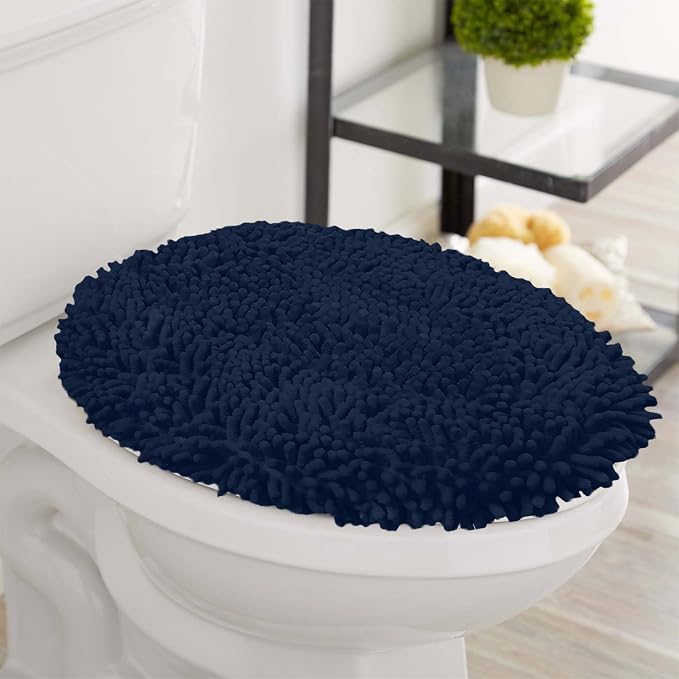 LuxUrux Toilet Lid Cover with Stretch Fit Elastic Band – Chenille Microfiber Toilet Seat Non-Slip Cover for Bathroom – Soft Plush, Machine Wash And Dry, Comfort & Clean Look (18x18'', Navy)
