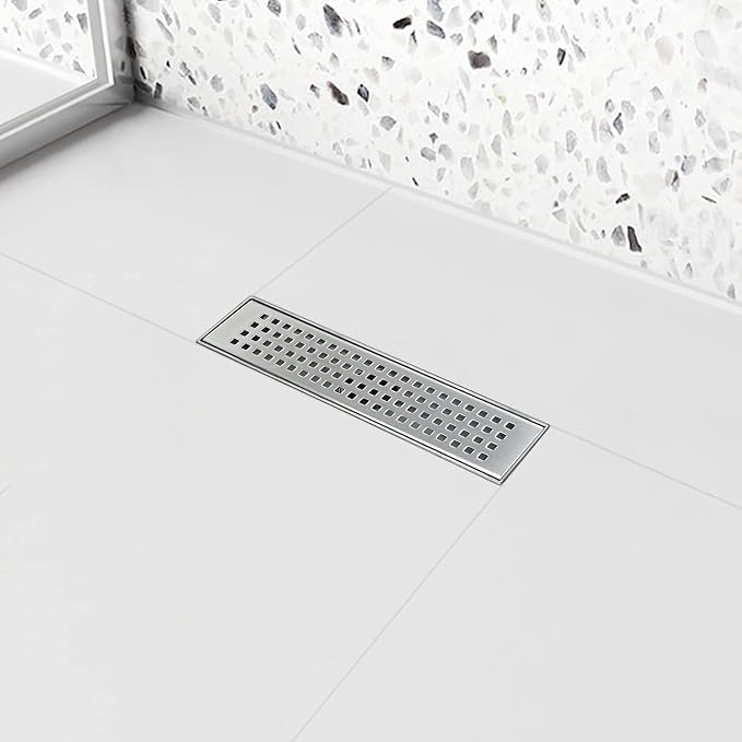 Linear Shower Drain, 12 inch Drain with Removable Grate Cover, Brushed 304 Stainless Steel Shower Floor Drain, Linear Drain with Hair Strainer and Adjustable Feet
