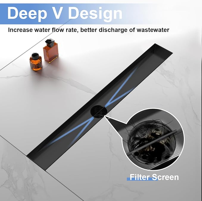18-Inch Linear Shower Drain with Tile Insert Grate, SUS 304 Stainless Steel Linear Drain, Matte Black Long Rectangle Shower Floor Drain with Leveling Feet, Hair Strainer, Fits Bathroom