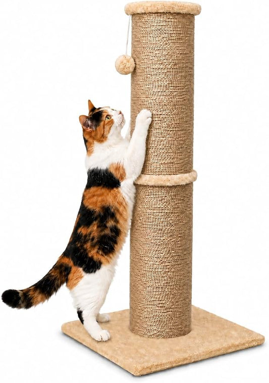 PAWSCRAT 32-Inch Tall Cat Scratching Post, 5.5-Inch Diameter, Sisal, Yellow | Natural Sisal Scratching Surface with a Dangling Ball for Indoor Cats, Scratch-Resistant Durable and Protect Your Furniture