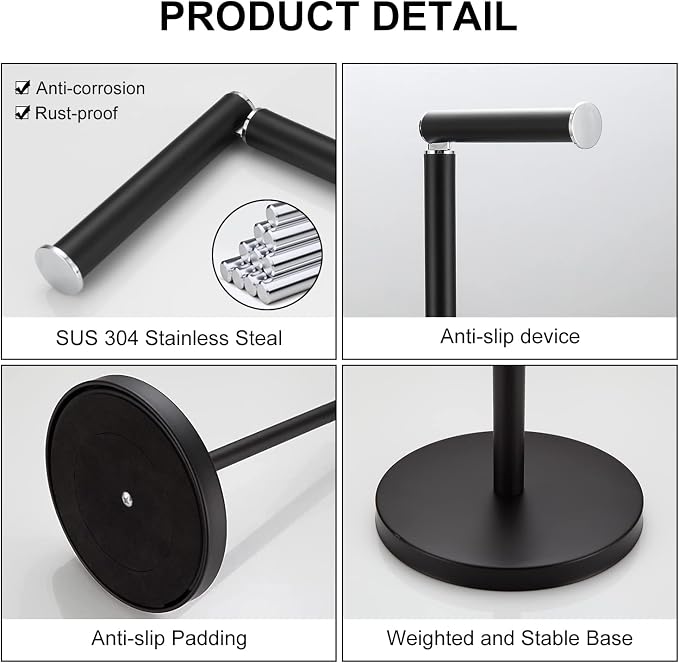 BGL Toilet Paper Holder Standing On Floor Black Matte, Tissue Holder On Floor with Reserve Storage Paper Rolls, Free-Standing Roll Paper Holder