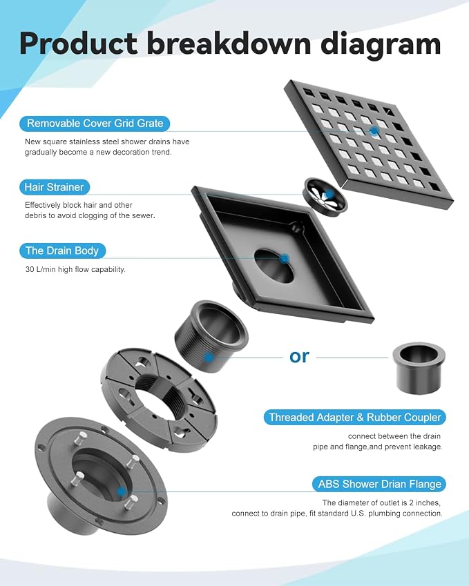 Black Shower Drain 4 Inch with Flange CUPC Certified- Made of 304 Stainless Steel, Square Shower Drain Includes Removable Cover Grid Grate,Thread Adapter