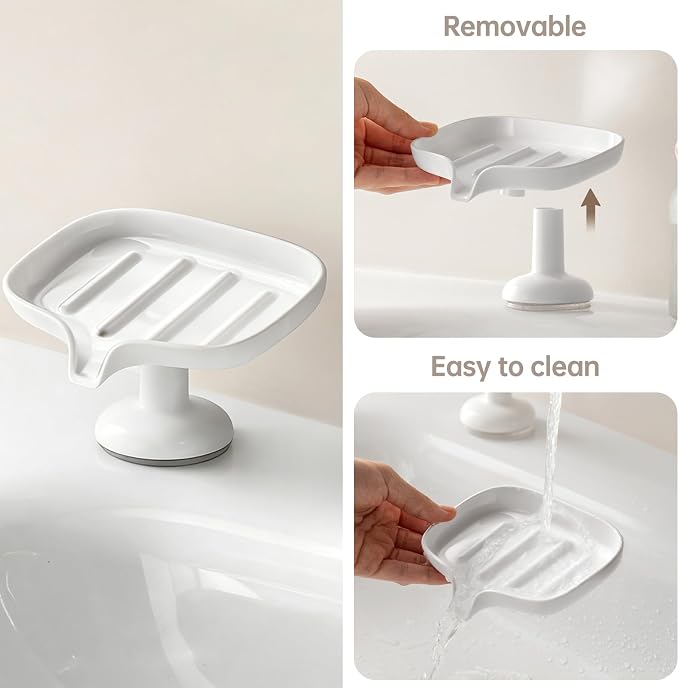 PAVSTINE Self-Draining Soap Dish with Suction Cup, Stand Bar Soap Holder | No-Drill Mounting, Removable for Easy Cleaning, Keeps Soap Dry, for Bathroom, Shower & Kitchen Sink, White