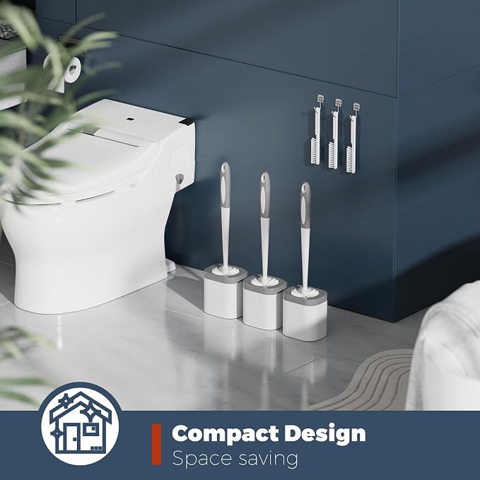 Holaloha Toilet Brush and Holder Set, Space Saving, 3 Pack, White | Bathroom Accessories, Ergonomic Silicone Handle, Dense Bristles, Deep Cleaning, with 3 Crevice Brushes, Compact Design