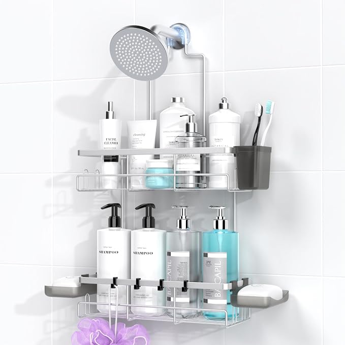Hanging Shower Caddy Over Showerhead - Rustproof No Drill Shower Organizer | Includes Soap Holder and Hooks for Shampoo, Conditioner, and Bathroom Essentials with Quick Drainage Design