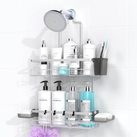 Hanging Shower Caddy Over Showerhead - Rustproof No Drill Shower Organizer | Includes Soap Holder and Hooks for Shampoo, Conditioner, and Bathroom Essentials with Quick Drainage Design