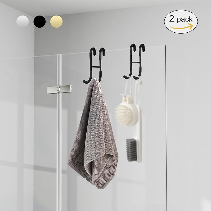 Homevacious 2 Pack Shower Door Hooks Towel Hooks for Bathroom Frameless Glass Shower Door SUS 304 Stainless Steel Drilling-Free Hanger Shower Hooks- Matte Black