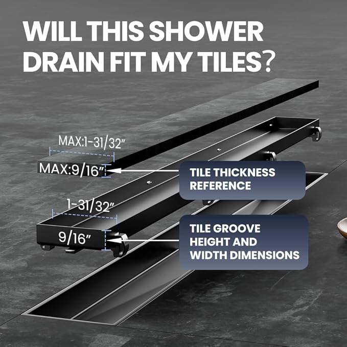 Linear Shower Drain 48 Inch Black, Shower Drain with 2-in-1 Tile Insert Panel, Brushed AISI 304 Stainless Steel Linear Drain for Fast Drainage, Floor Drain for Bathroom, Kitchen, Garage & More
