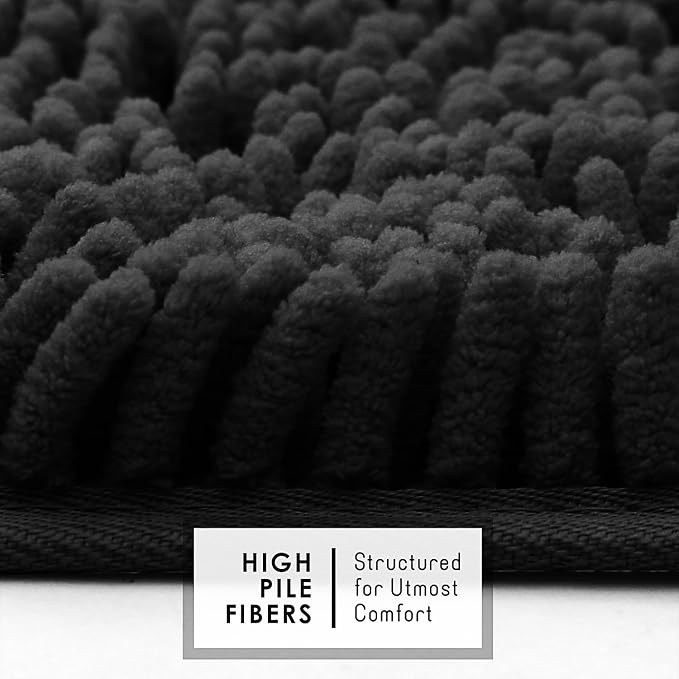 Hearth & Harbor Bathroom Rugs, Chenille Bath Mat - Machine Washable Bath Mats for Bathroom Non-Slip Backing Rubber, Quick Dry Bathroom Mat - Black 17x24-20x24