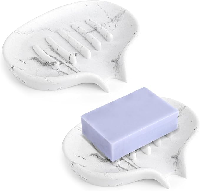 Self Draining Soap Dish for Shower & Bathroom Sink with Drain | Large Marble Resin Non Slip Soap Tray for Bar Soap, Kitchen Counter, Bathtub & Sink