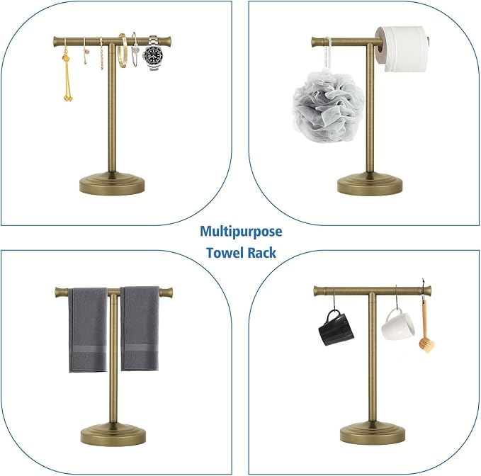 RUMOSE 13 Inch Antique Brass Towel Bar Stand Hand Holder Bathroom Kitchen Vanity Countertop T-Shape Towel Rack Free Standing Stainless Steel