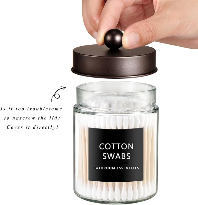 SheeChung 3 Pack Glass Qtip Holder with Bronze Stainless Steel Lids | Apothecary Jars with Stickers, Countertop Canister Guest Bathroom Storage Organizer Set for Cotton Swabs/Balls, Floss Picks
