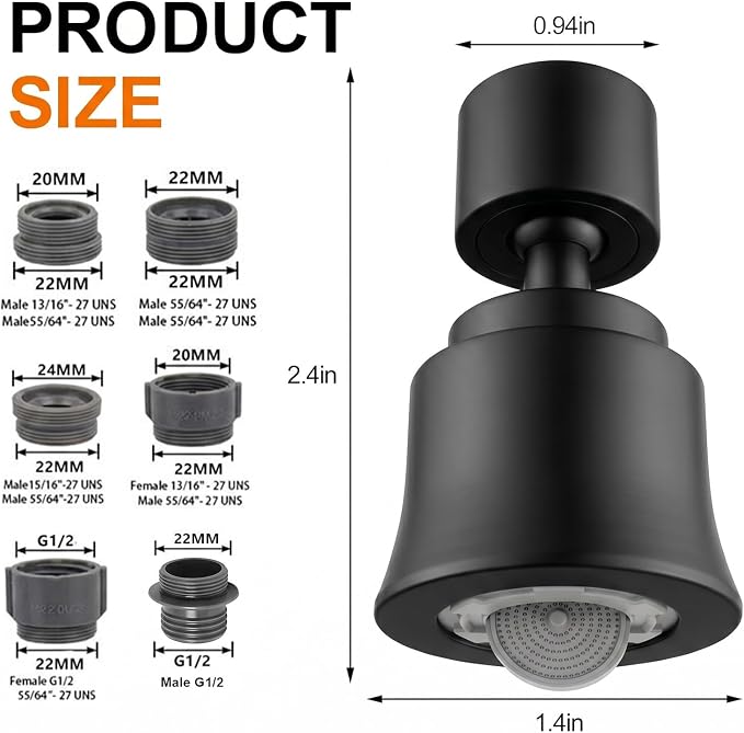 2 Pack Metal Faucet Aerator - Dual Modes Sink Sprayer Attachment for Bathroom - 360° Swivel Kitchen Faucet Sprayer Attachment - Anti-clogging Design - Black