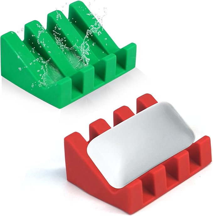 Self Draining Silicone Soap Dish Holder Waterfall Tray, 2 Pack Red Green | Waterfall design drains fast to keep soap dry, non-slip silicone base anti slide, soap saver for bathroom & kitchen