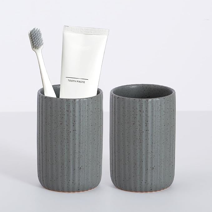 Ceramic Bathroom Tumbler, Ribbed Bathroom Toothbrush Holder Cups, Tooth Brush Holder Set, Reusable Toothbrush Mouthwash Cup, Toothpaste Holder Toothbrush Organizer for Bathroom Counter