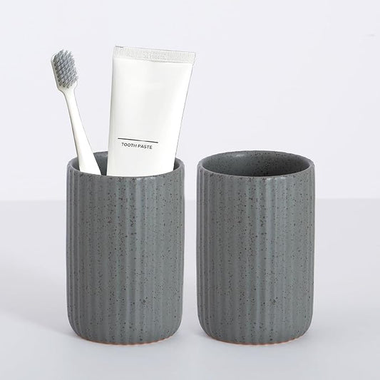 Ceramic Bathroom Tumbler, Ribbed Bathroom Toothbrush Holder Cups, Tooth Brush Holder Set, Reusable Toothbrush Mouthwash Cup, Toothpaste Holder Toothbrush Organizer for Bathroom Counter