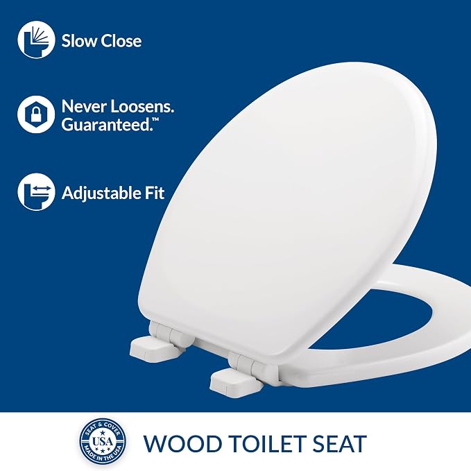 Mayfair Linden Slow Close Toilet Seat, Non Slip Heavy Duty Wood, Easy Install, Made in USA, Round, White, 2 Pack
