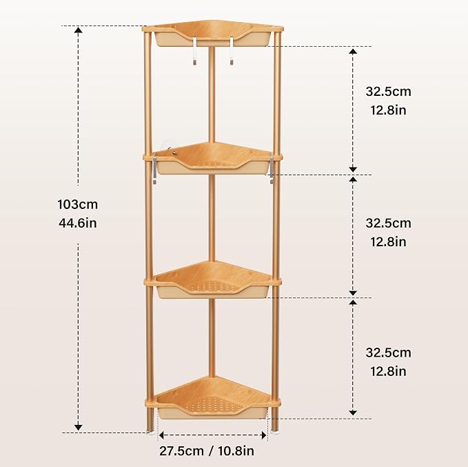 Orimade Rustproof 4 Tier Floor Standing Corner Shower Caddy Organizer, Plastic Aluminum Splicing Floor Corner Shelf Rack Storage Stands for Bathroom, Wood Grain Surface
