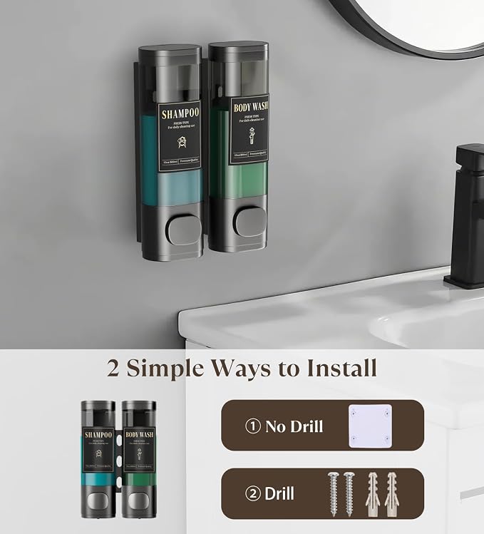 Luxspire Shampoo and Conditioner Dispenser, Shower Soap Dispenser 2-Chamber | Lockable Large Capacity 600ml No-Drill Wall-Mounted Shampoo and Body Wash Dispenser for Bathroom Hotel Kitchen Airbnb