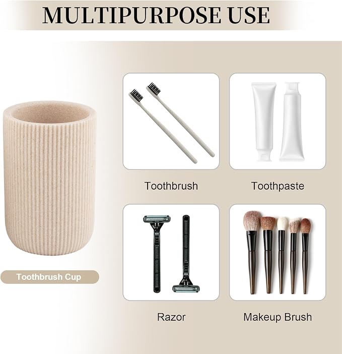 Beige Bathroom Accessories Set Include Soap Dispenser and Toothbrush Holder | Modern Stripe Design, Resin Bathroom Set 2 Piece for Bathroom Countertop Storage and Decoration