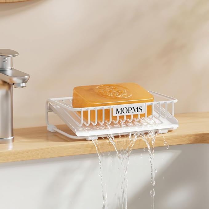 MOPMS Self Draining Soap Dish, Carbon Steel Bar Soap Holder for Shower | Waterfall Design Soap Saver for Bathroom, Kitchen Sink and Countertop, Sponges, Dispensers, White