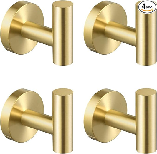 KES Wall Towel Robe Hook for Bathroom Kitchen Hanging Key Hat Coat Hooks SUS304 Stainless Steel Brushed Gold 4 Pack, A2164-BZ-P4