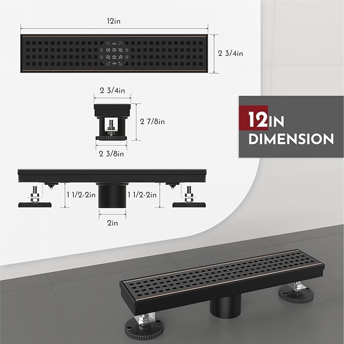 WEBANG 12 Inch Linear Shower Drain Rectangular Floor Drain with Accessories Square Hole Pattern Cover Grate Removable SUS304 Stainless Steel CUPC Certified Oil Rubbed Bronze
