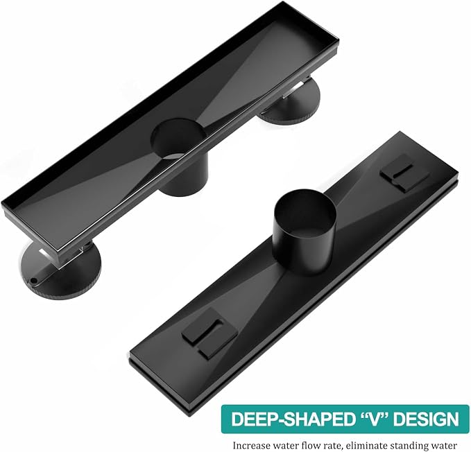 BARONAGE 12 Inch Linear Shower Drain, Reversible Tile Insert, Matte Black | 304 Stainless Steel Linear Drains, Rustproof, Hair Catcher, Rectangle Shower Floor Drain With Leveling Feet For Bathroom