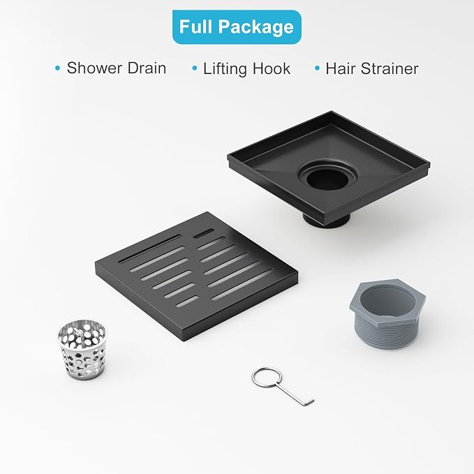 6 Inch Square Shower Drain, EMBATHER 304 Stainless Shower Floor Drain and Shower Drain Cover Included Hair Catcher and Leveling Feet, Black