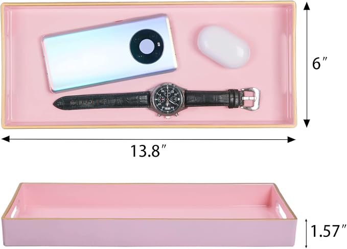 MAONAME Pink Vanity Tray Set of 2, Plastic Decorative Tray with Handles, Long Narrow Trays, Small Bathroom Trays for Toilet Tank, 13.8" X 6" X 1.57"