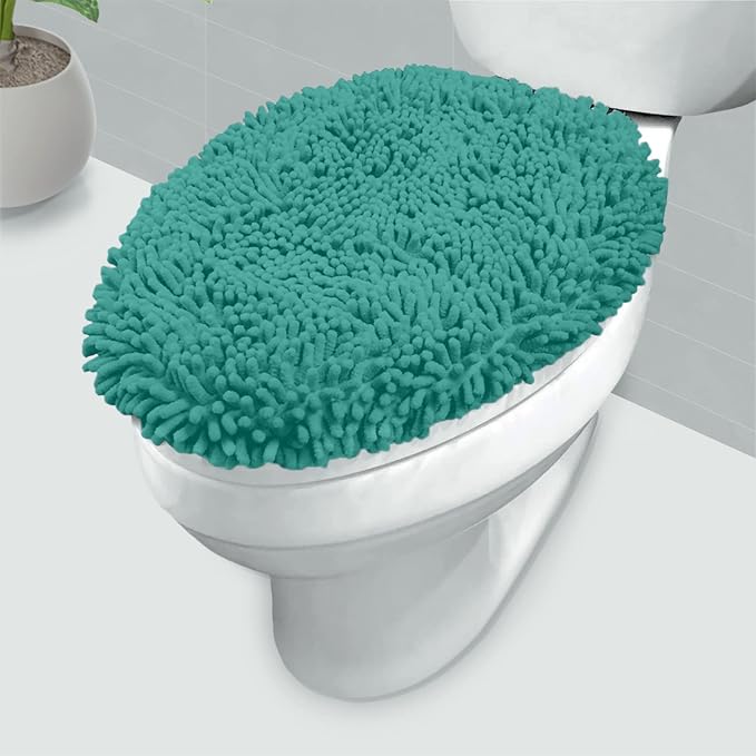 LuxUrux Toilet Lid Cover with Stretch Fit Elastic Band – Chenille Microfiber Toilet Seat Non-Slip Cover for Bathroom – Soft Plush, Machine Wash And Dry, Comfort & Clean Look (18 x 21'', Turquoise)