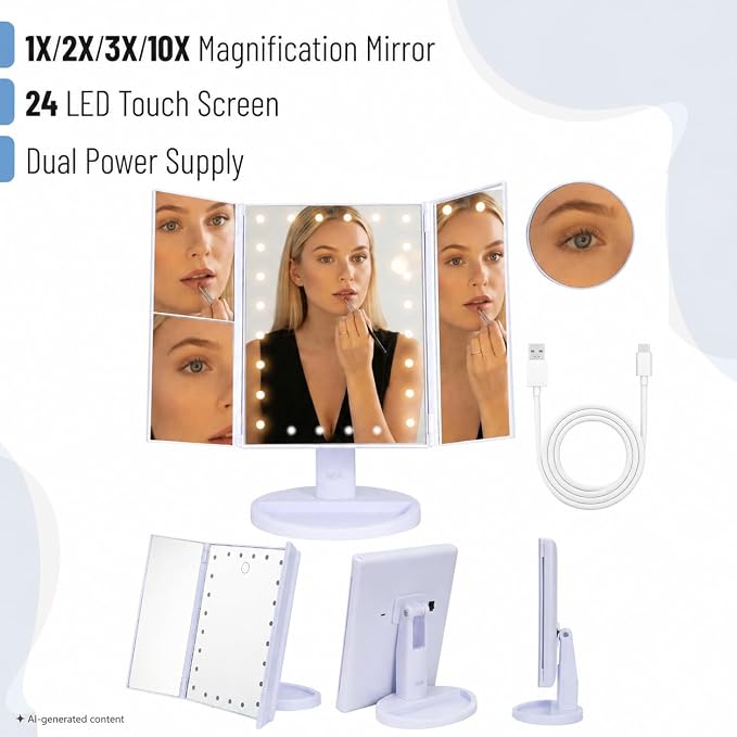 Ms. Pen- Tri-Fold Makeup Mirror Vanity with Lights, 9" x 13.6" | 1X/2X/3X/10X Magnification, 24 LED Touch Screen, Dual Power Supply, 180° Rotation
