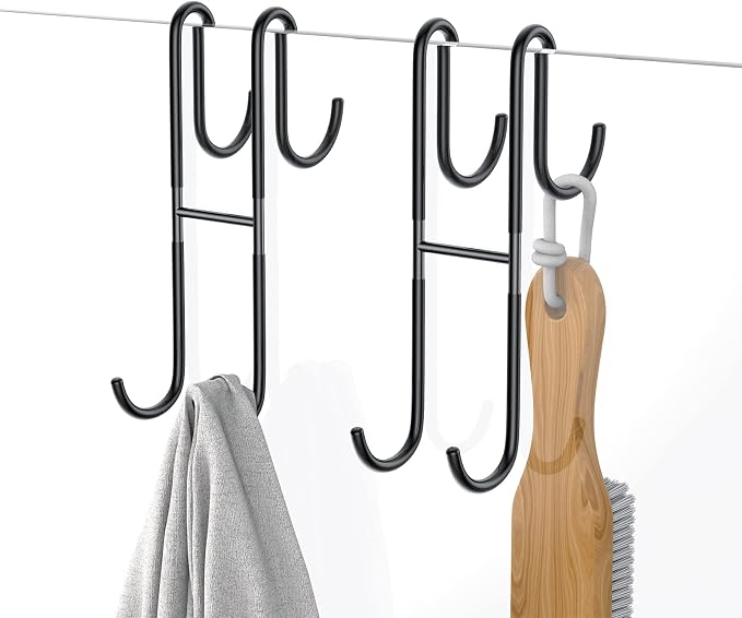 Over Shower Glass Door Hook, 2 Pack Black Stainless Steel Extended Shower Door Hooks, Bathroom Frameless Drilling-Free Hanger, Double Side Towel Hooks