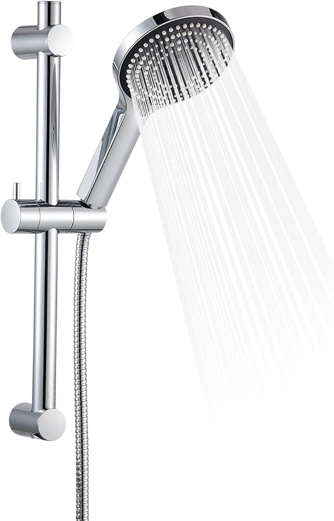 OFFO Shower Slide Bar Combo, Adjustable 21 in Slide Bar with 6-Mode High Pressure Handheld Shower Head and 60 in Stainless Steel Hose, Screw Wall Mounted, Chrome