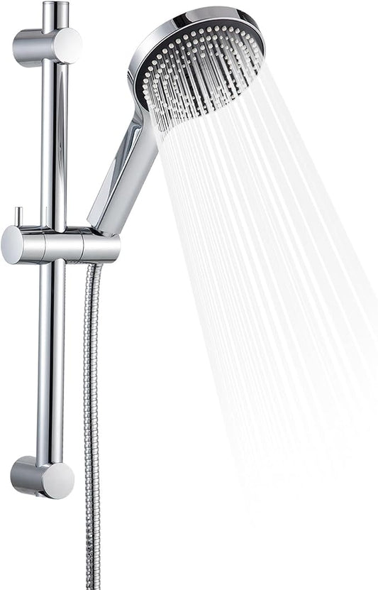 OFFO Shower Slide Bar Combo, Adjustable 21 in Slide Bar with 6-Mode High Pressure Handheld Shower Head and 60 in Stainless Steel Hose, Screw Wall Mounted, Chrome