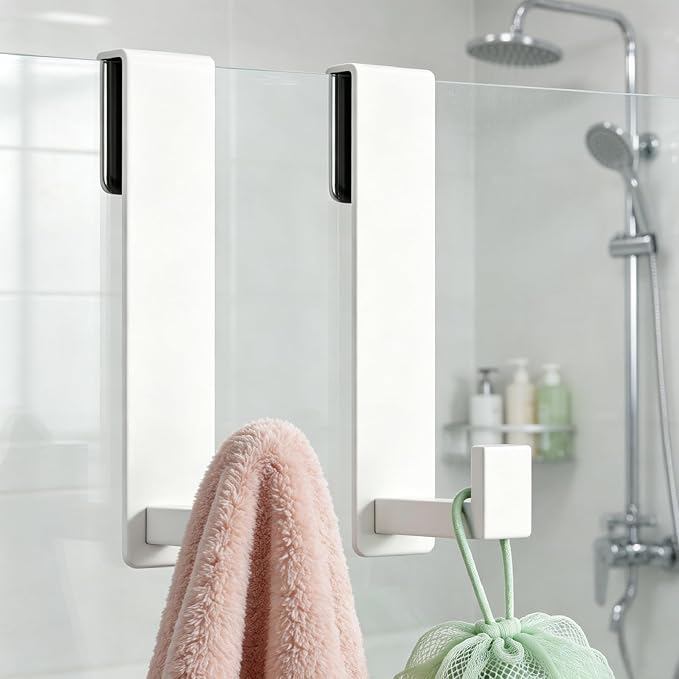 HUFEEOH Shower Door Towel Hooks, Stainless Steel Over Glass Door Hooks, Robe Hanger Fits Frameless Glass Shower Doors up to 3/8" Thick (White, Fits 3/8" Thick Door - L Shape - 2 Pack)