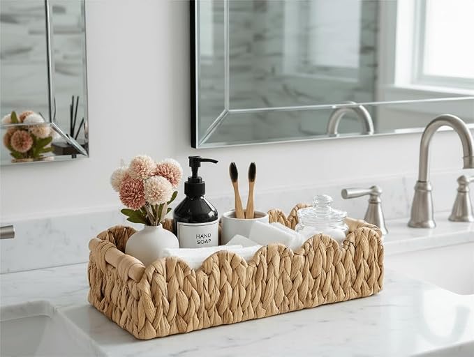 Kriitools Wicker Bathroom Basket Tray Organizer w/Scalloped for Toilet Paper, 2PCS Rattan Decorative Basket for Bathroom Decor, Farmhouse Home Decor, Living Room and more, Natural Water Hyacinth