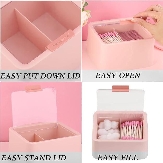 Tecbeauty 2pcs Qtips Holder Dispenser Cotton Swabs Storage Organizer Plastic Bathroom Canisters with Hinged Lids, Divide 2 Grids