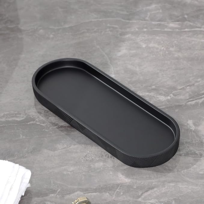Bathroom Accessories Set, Bathroom Organizer Countertop, Matte Black, 4 PCS | Modern,Simple,Stripe, With 10OZ Soap Dispenser, Toothbrush Holder, Mouthwash Cup, Vanity Tray for Bathroom Home Hotel Office