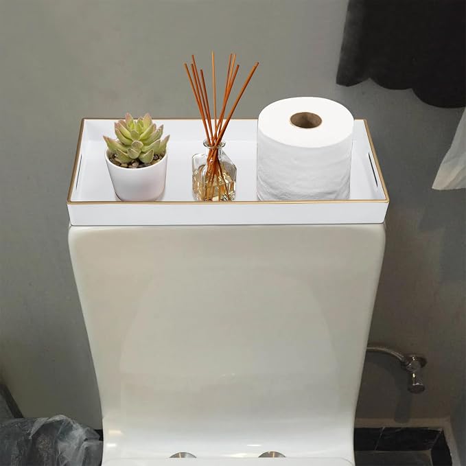 MAONAME White Vanity Tray Set of 2, Plastic Decorative Tray with Handles, Long Narrow Trays, Rectangular Bathroom Trays for Toilet Tank, 13.8" X 6" X 1.57"