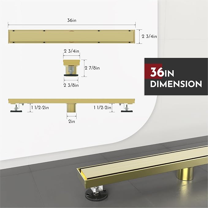 WEBANG 36 Inch Linear Shower Drain Rectangular Floor Drain with Accessories Reversible 2-in-1 Cover Tile Insert Grate Removable SUS304 Stainless Steel CUPC Certified Brushed Gold