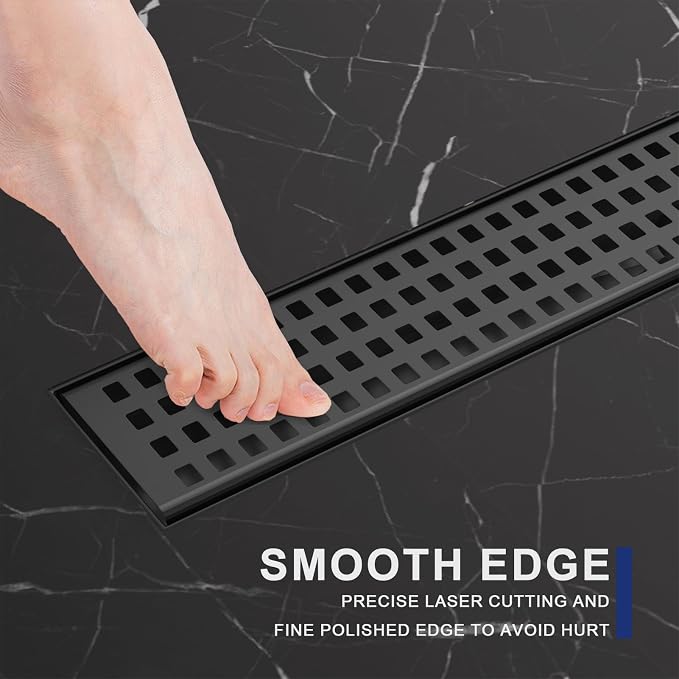 Linear Shower Drain | 18 Inch AISI 304 Stainless Steel Shower Drain, Matte Black Linear Drain with Removable Quadrato Grate Cover & Adjustable Feet, Rectangle Floor Drain, in Bathroom Balcony etc