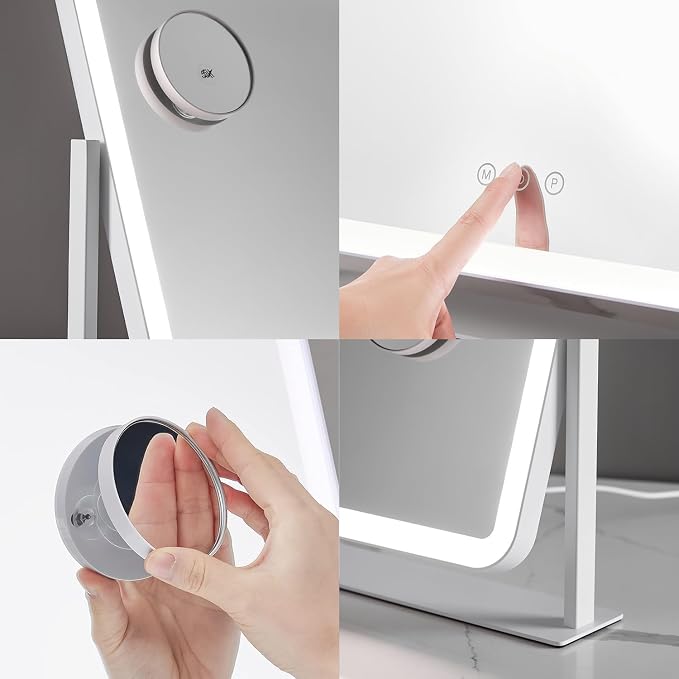 HIEEY Vanity Mirror with Lights, 17.4" x 13.5" Lighted Makeup Mirror, Three Color Lighting Modes, and 5X Magnification Mirror, Smart Touch Control, 360°Rotation (White,Gift Box)