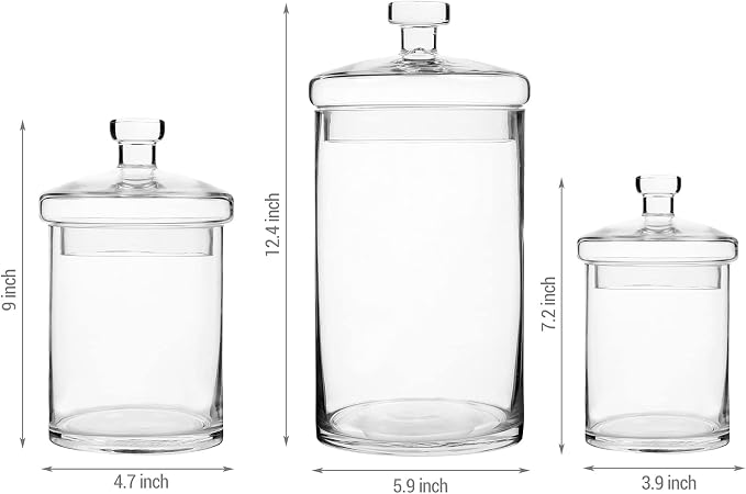 MyGift Glass Storage Jars with Lids, Kitchen & Bath Storage, Set of 3 | Add timeless charm to kitchens, bathrooms, weddings, and candy buffets with clear glass apothecary jars and matching lids