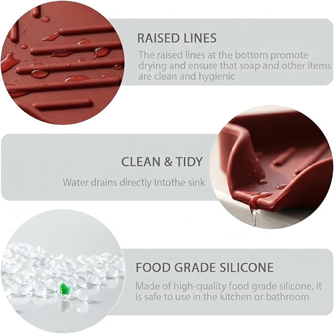 MicoYang Silicone Soap Dish with Drain Spout, Self-Draining Sink Organizer Tray for Bathroom and Kitchen, Sponges, Dispensers and Soap Holder, Non-Slip and Dishwasher Safe, Red (Compact, 4.9"×3.2")