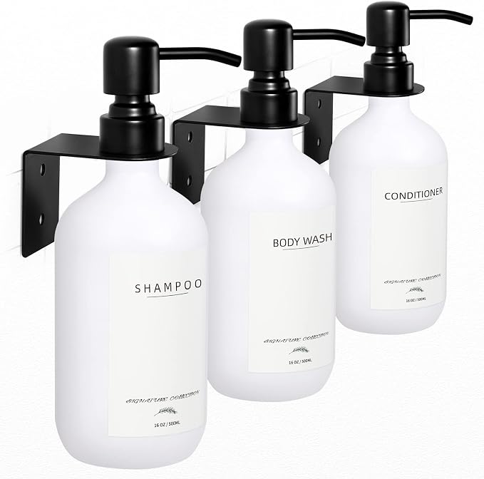 Supforce Shampoo Dispenser for Shower Wall Mount, No Drill Shampoo and Conditioner Dispenser with Matte Pump and Waterproof Labels, Shower Soap Dispenser Wall Mounted for Home Bathroom - White | Shampoo and Conditioner Dispenser Wall Mount Set of 3, Pe...