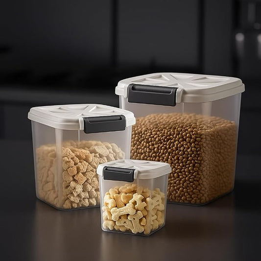 20 lb Stackable Pet Food Storage Containers, 3 Pack | Three stackable airtight bins hold 4, 6, and 10 lb for 20 lb total; includes 3 measuring cups and clear BPA-free bodies.