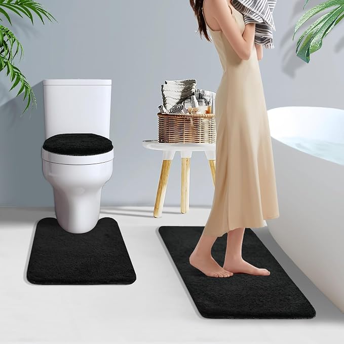Bathroom Rugs Sets 3 Piece with Toilet Seat Cover 17.5"x 15" | Machine Washable Bath Rug Set with Tpr Non Slip Rubber Backing Solid Bath Mat Set for Luxury Bathroom Decoration